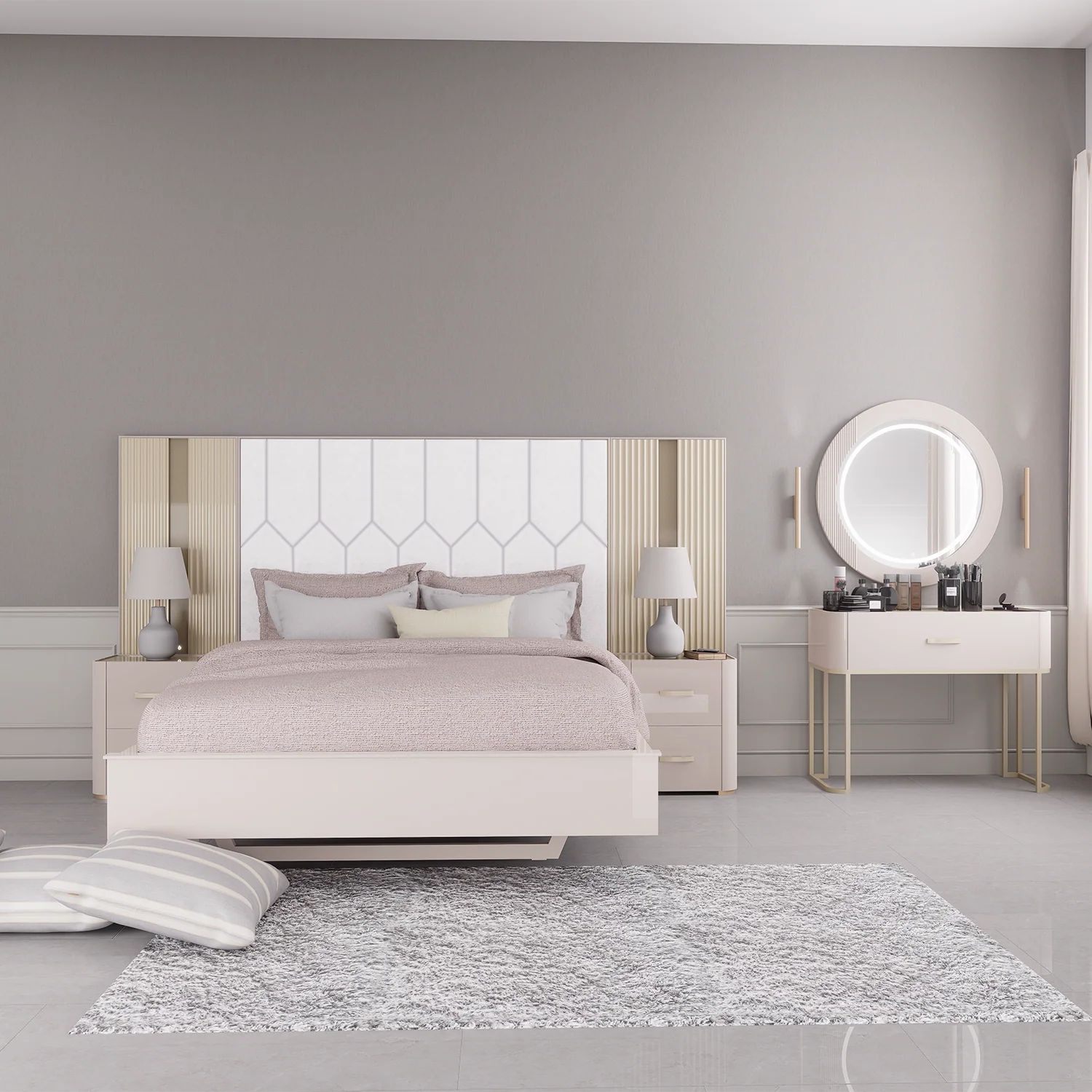 Cama Queen Florencia Eurolino Biege Perla, Off White, Champaña - Image 2