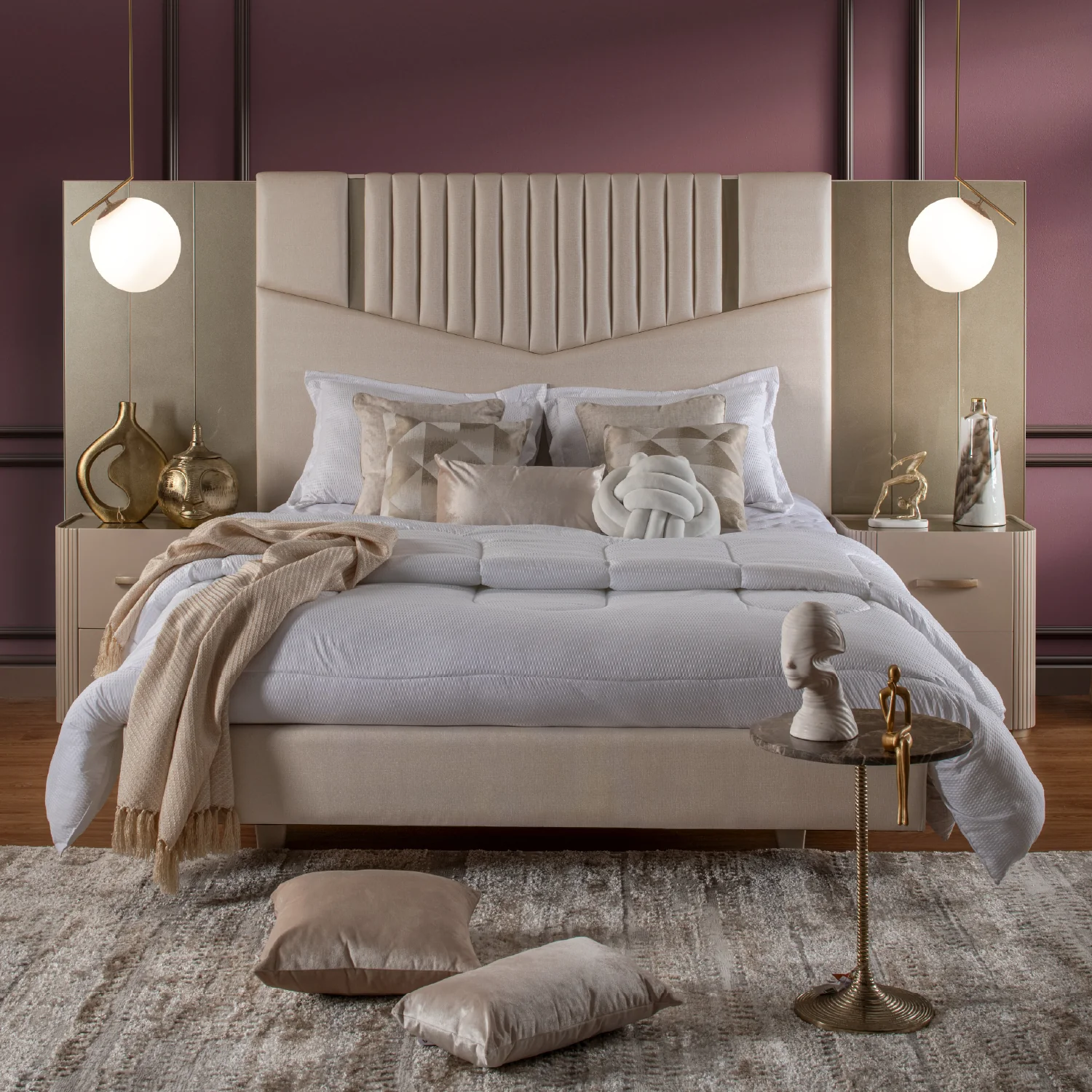Combo Cama King Sabina Off White, Champaña + Colchon Silenzio Pillow Top + 2 Nocheros - Image 5