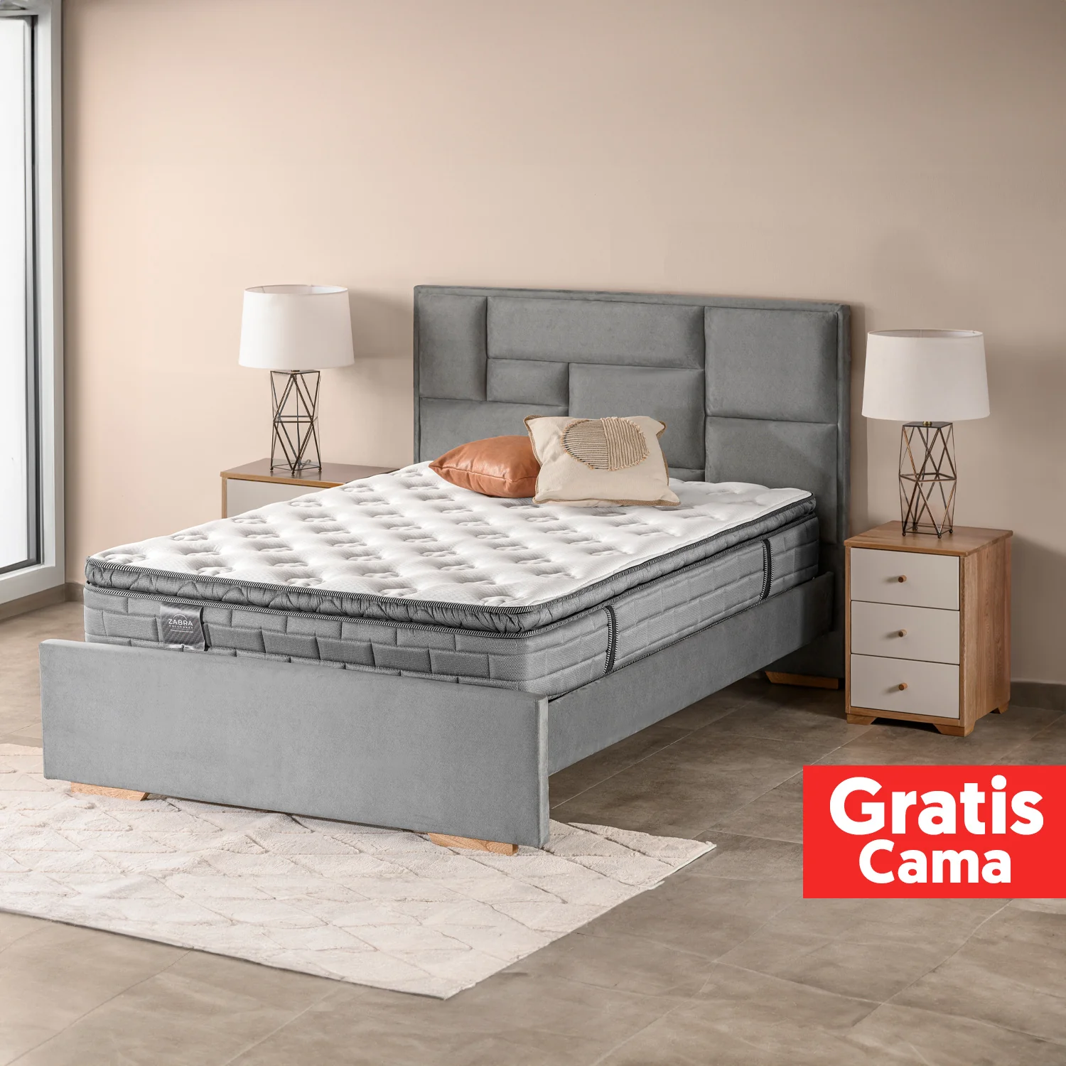 Combo Colchón Queen Aurora Gris Pillow Top (Garantia 15 años)+ Cama+ Almohadas - Image 2