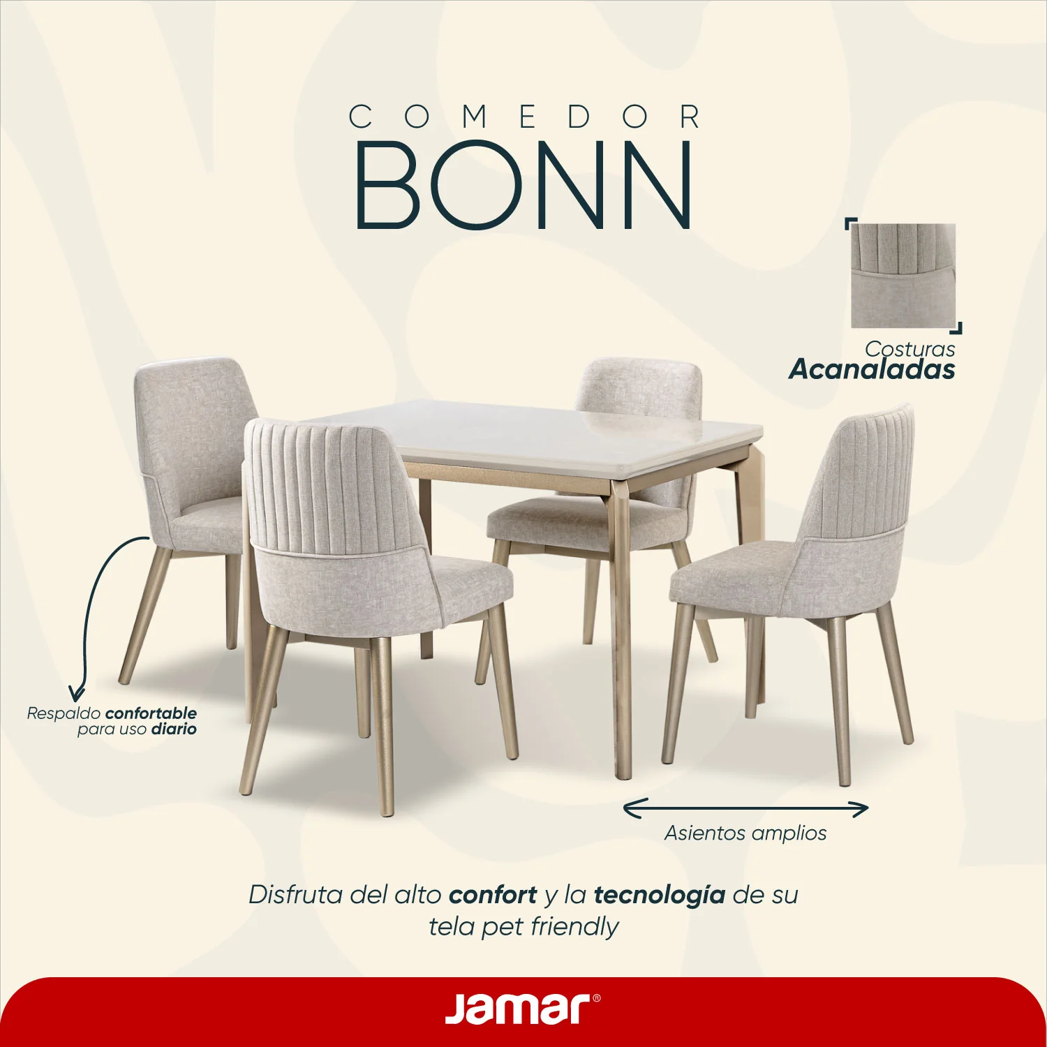 Comedor 4 Puestos Bonn Velvet Idilio Beige, Champaña - Image 9