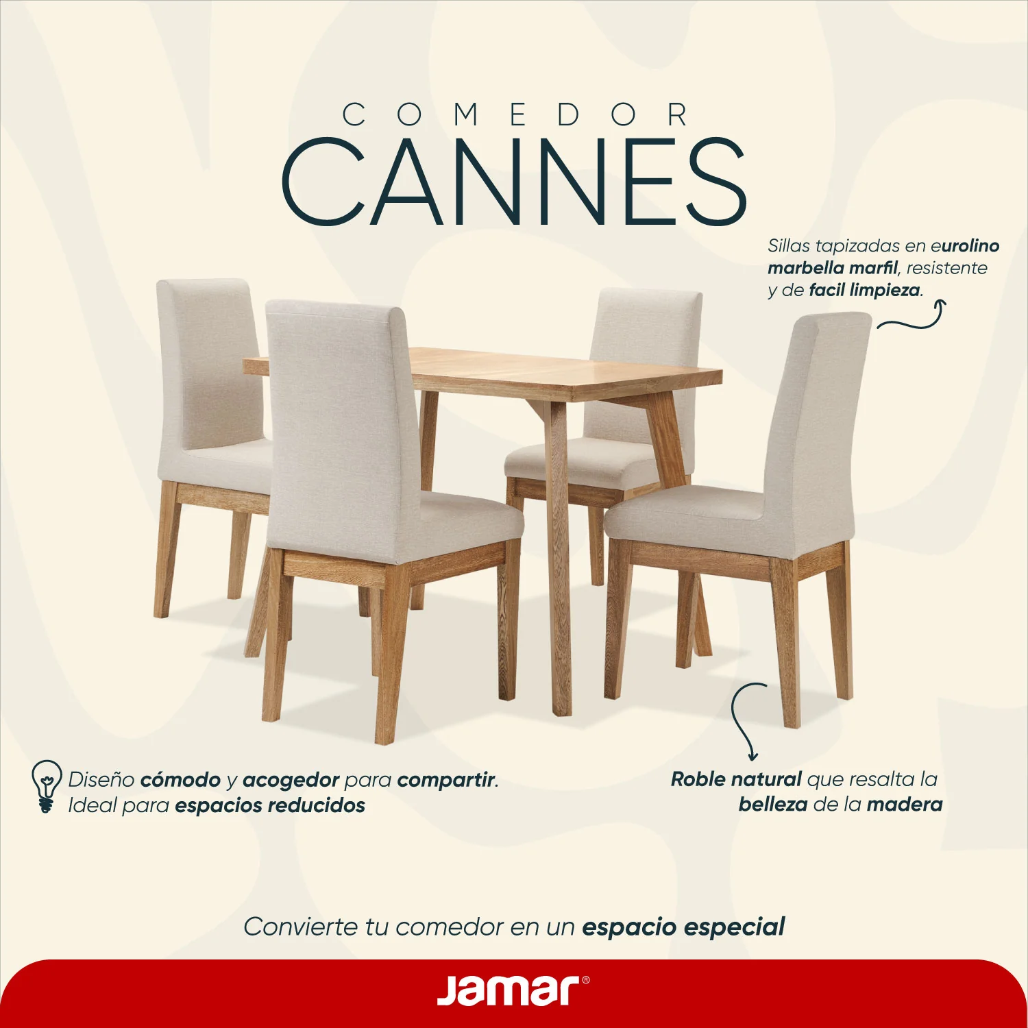 Comedor 4 Puestos Cannes Eurolino Marbella Marfil, Natural - Image 9