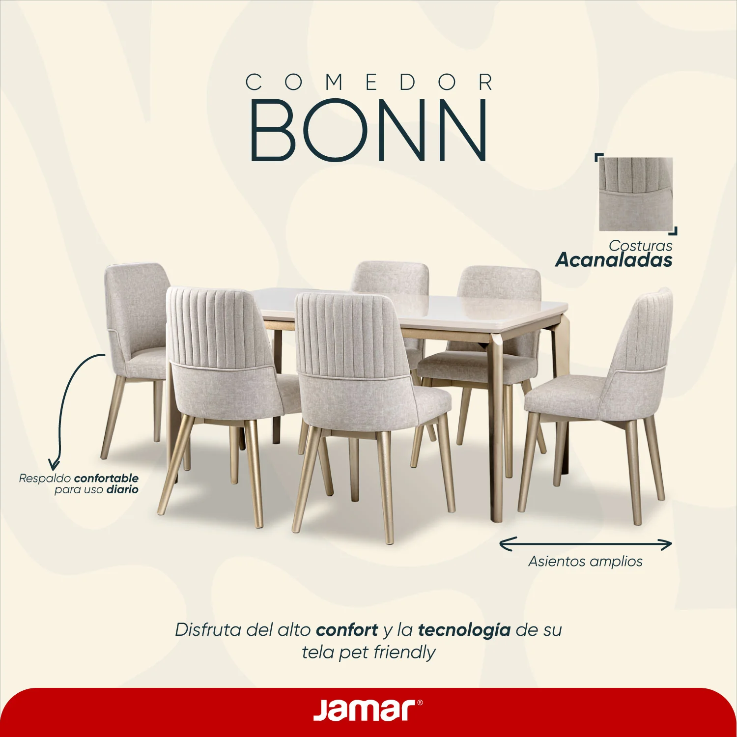 Comedor 6 Puestos Bonn Velvet Idilio Beige, Champaña - Image 9