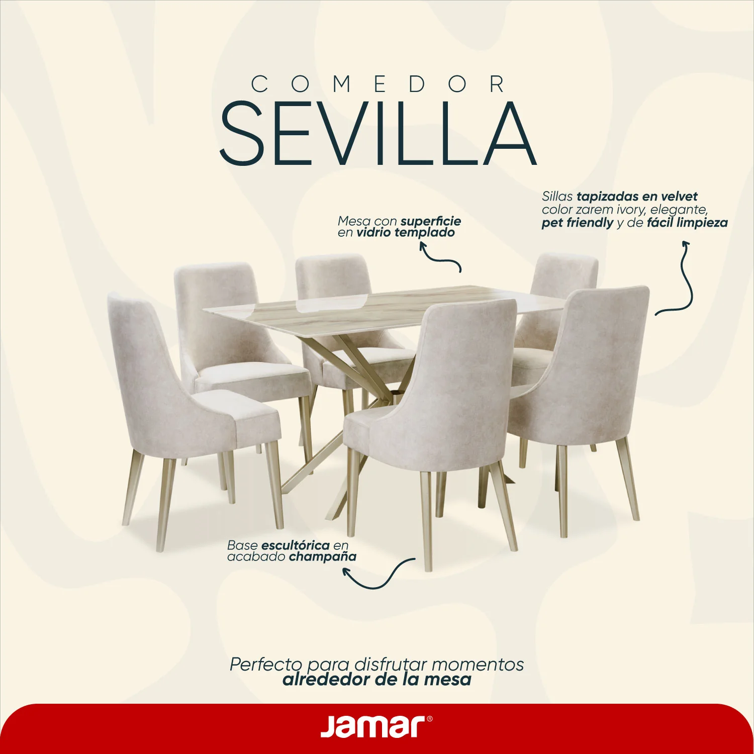 Comedor 6 Puestos Sevilla Velvet Zarem Ivory, Champaña Bpv - Image 13