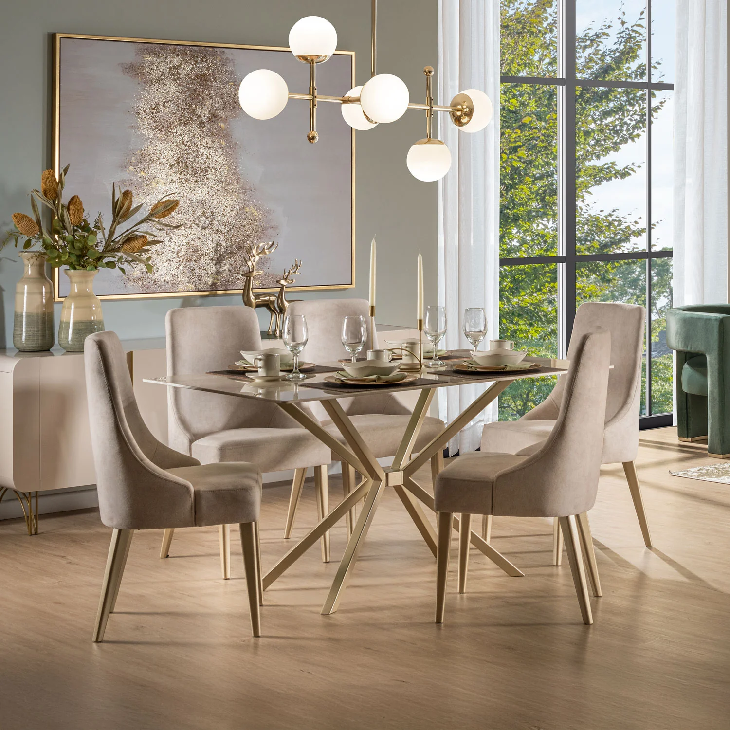 Comedor 6 Puestos Sevilla Velvet Zarem Ivory, Champaña Bpv - Image 2