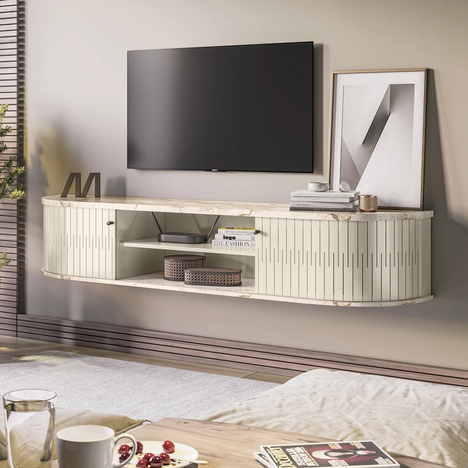 Mueble De Tv Flotante Porto 183 Off White, Marmol - Image 2