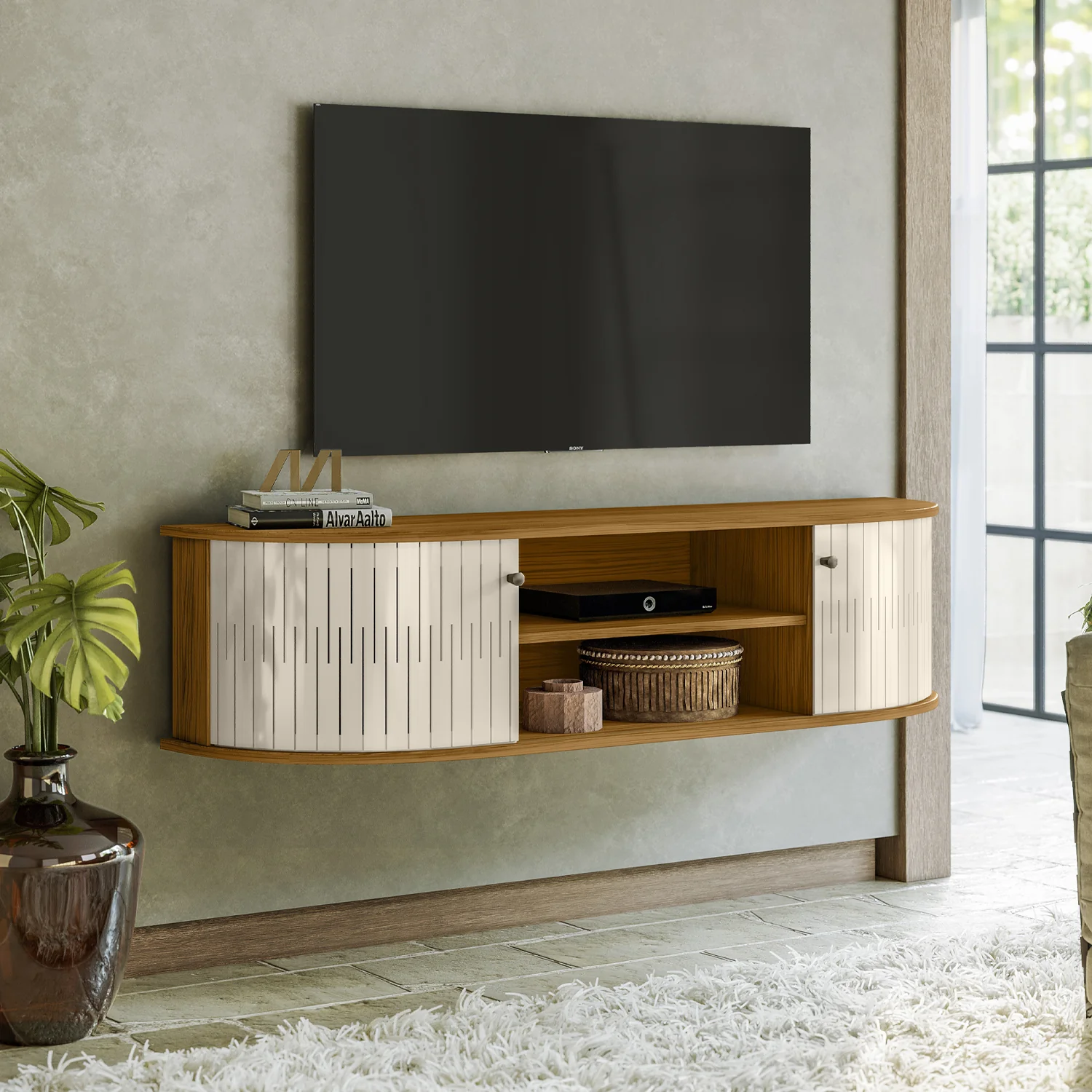 Mueble Tv Flotante Porto 136 Natural, Off White - Image 2