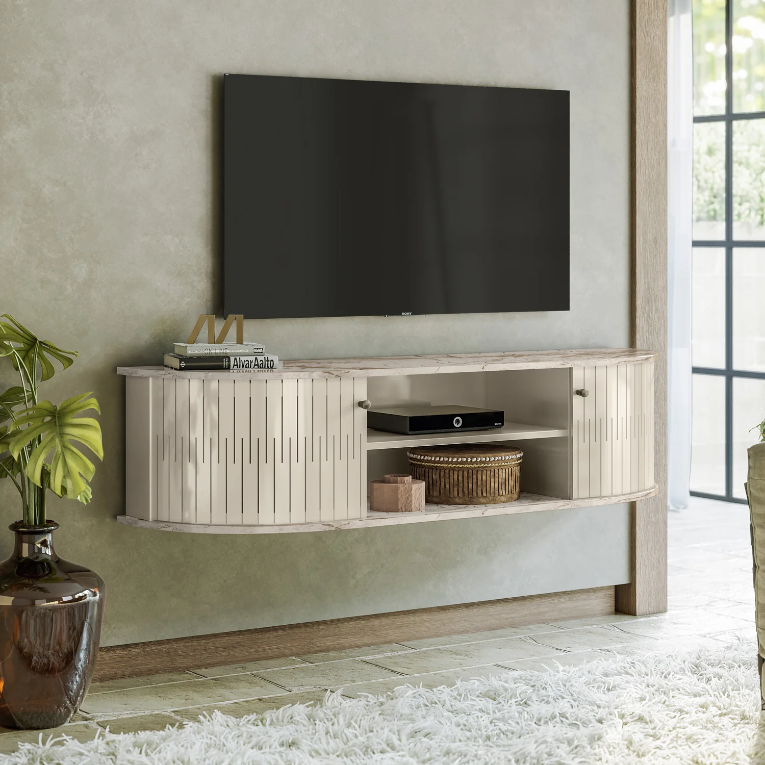 Mueble Tv Flotante Porto 136 Off White, Marmol - Image 2