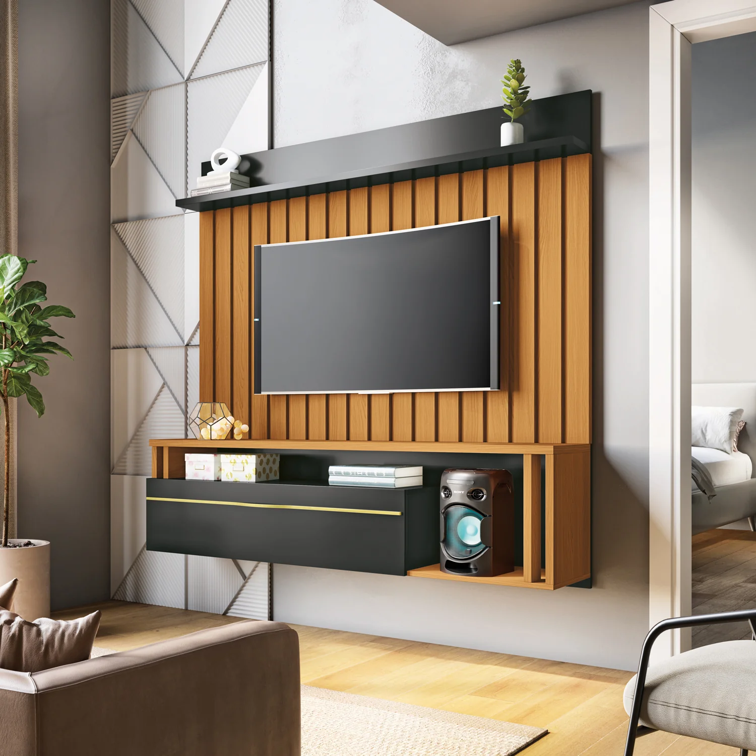 Panel De Tv Troy 160X155X34 Negro, Natural - Image 2
