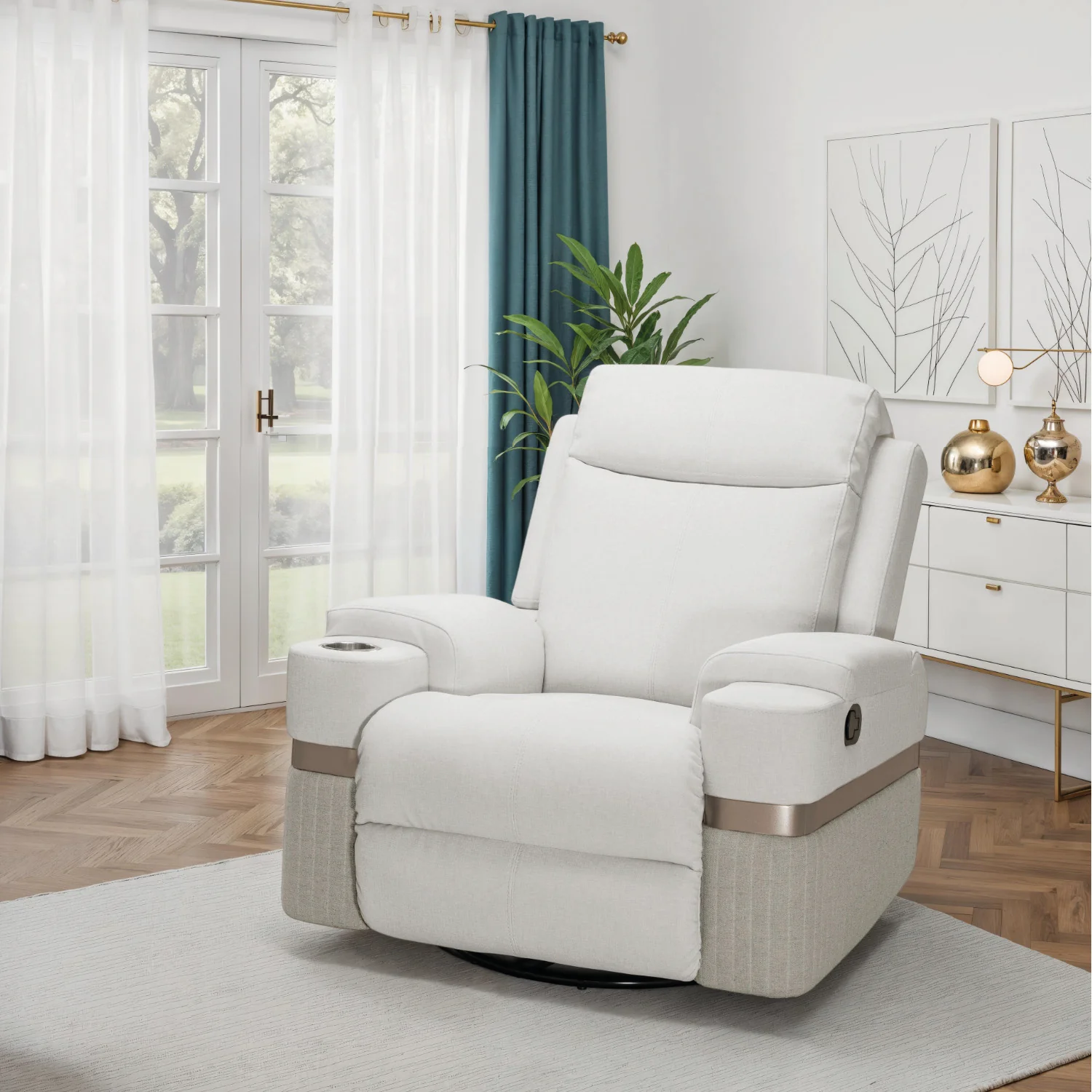 Sillón Reclinable Dior Eurolino Blanco Puro Mecedora Giratoria, Champaña - Image 2