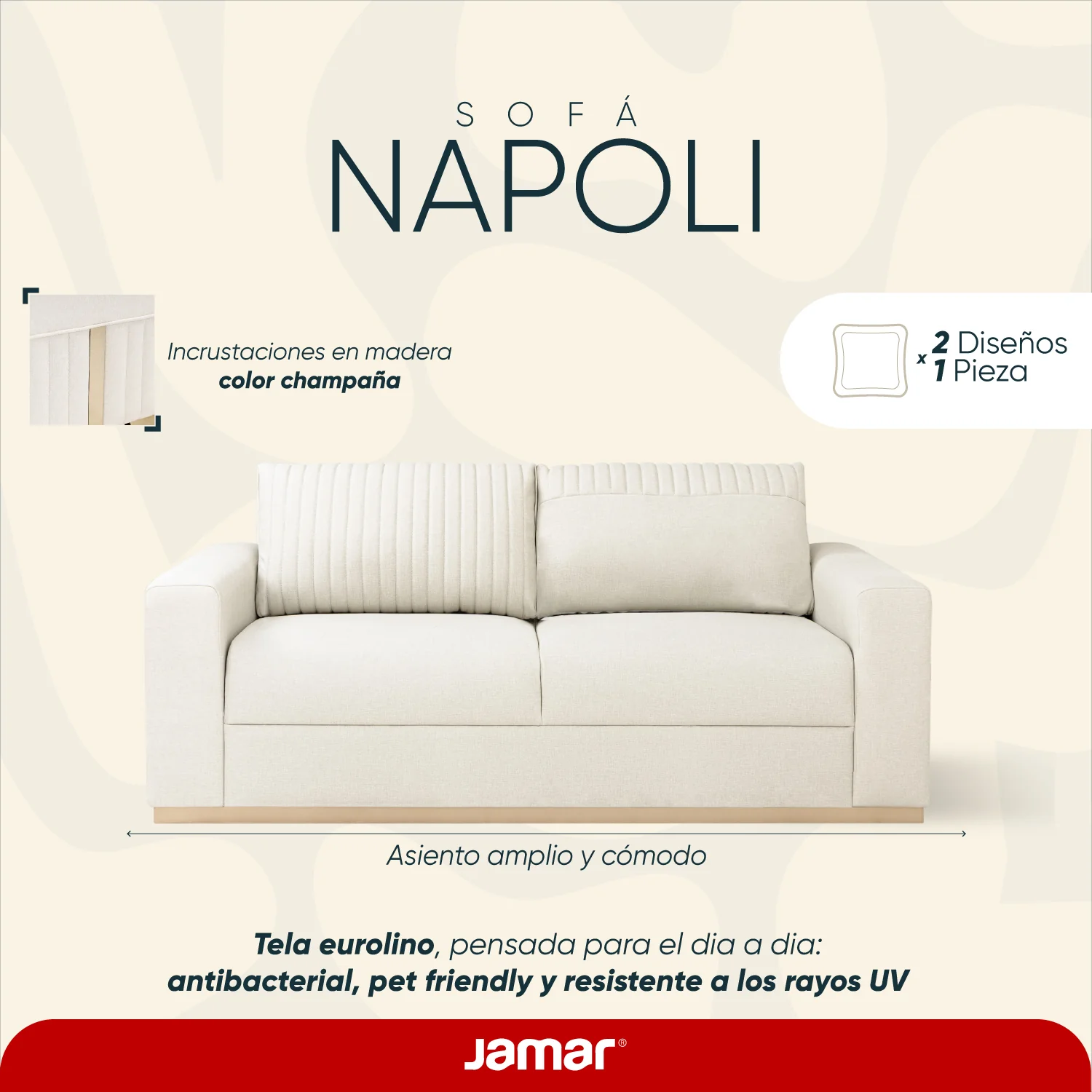 Sofá 2 Puestos Napoli Eurolino Blanco Puro, Champaña - Image 6