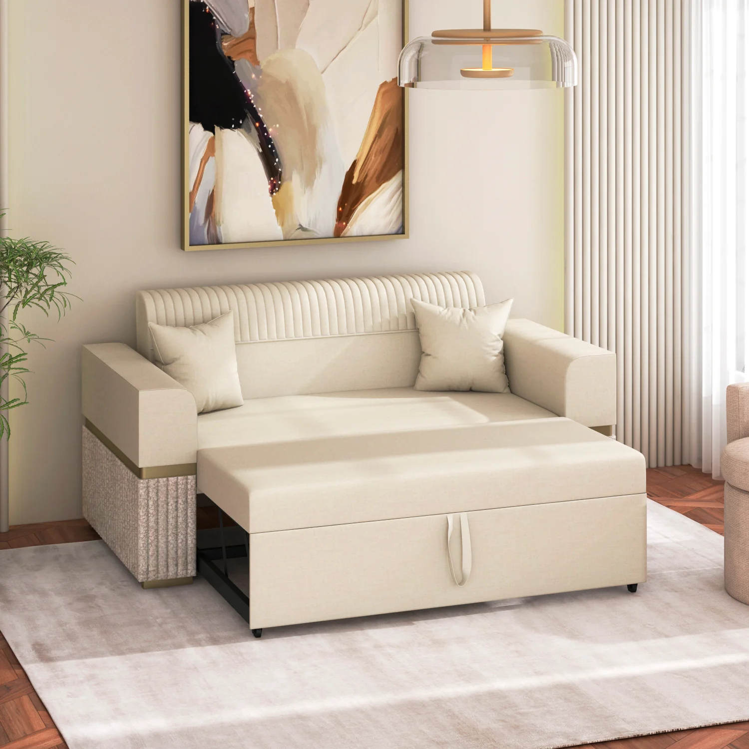 Sofá Cama Dhara Velvet Siena Marfil, Champaña 175 cm Brazo Desmontable - Image 6